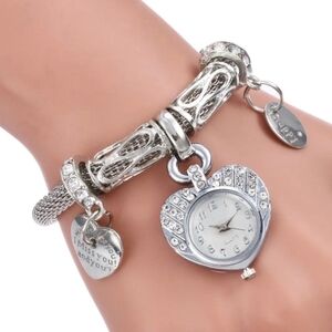 Chic Silver Heart Charm Bracelet Watch